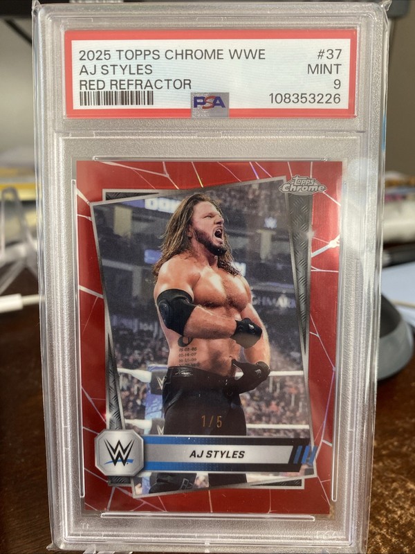 2025 Topps Chrome WWE AJ STYLES True Red Refractor 1/5 PSA 9 Mint #37 PHENOMENAL