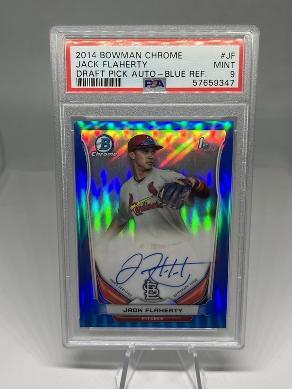 Jack Flaherty 2014 Bowman Draft Chrome Blue Refractor Auto /150 PSA 9 Cardinals