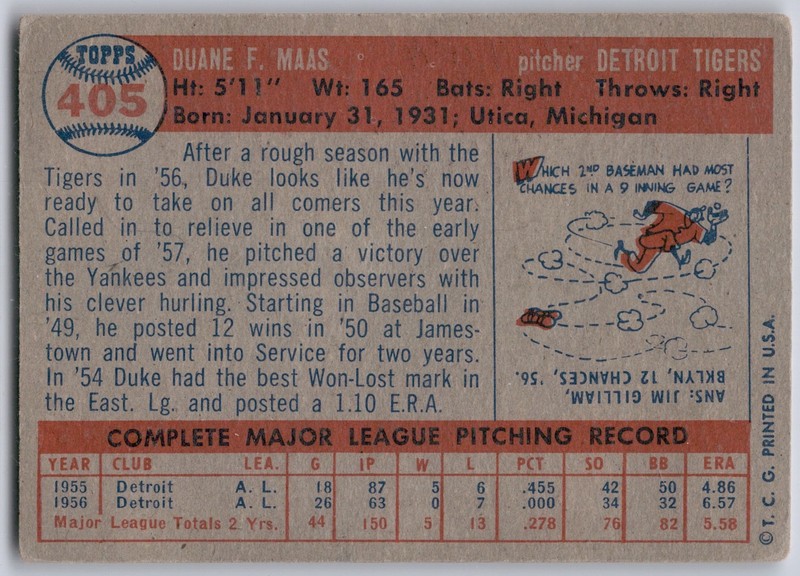 1957 Topps #405 Duke Maas VG gallery