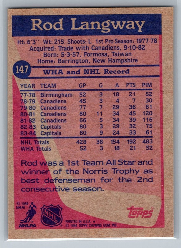Rod Langway 1984-85 Topps HOCKEY #147 Washington Capitals HOF gallery