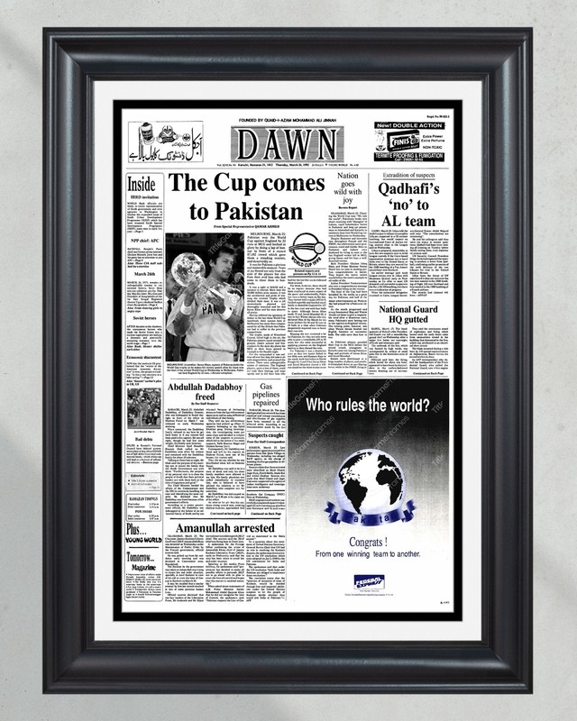 1992 Pakistan’s Historic Cricket World Cup Victory Framed Newspaper
