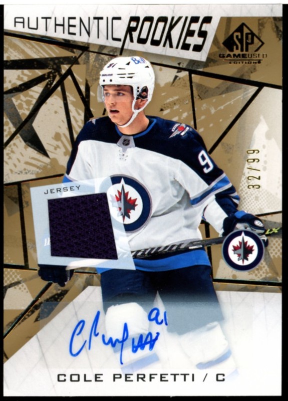2021-22 Upper Deck SP Game Used Rookie Auto Cole Perfetti #160 Gold Jersey /99