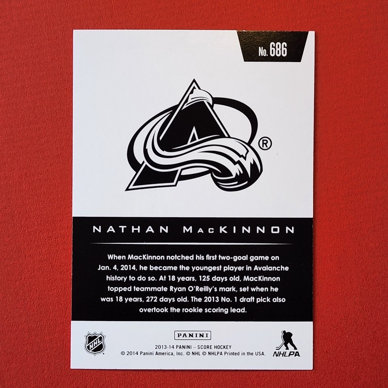 604 misc. 2013-14 score . #686 Nathan MacKinnon . GOLD SP. RC HOT ROOKIES ROOKIE gallery