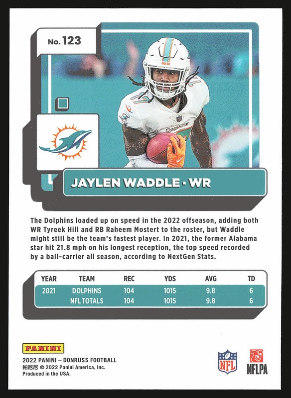 2022 Donruss #123 Jaylen Waddle Gold Premium Press Proof gallery