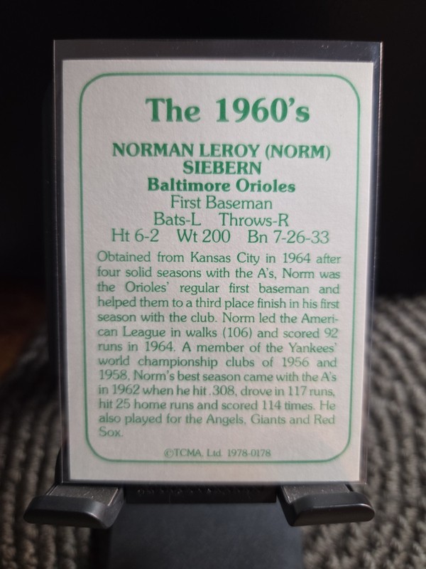 1978 TCMA The 1960's I - Norm Siebern #1978-0178 Green Back gallery