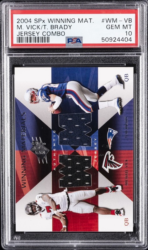 2004 SPX WINNING MATERIALS JERSEY COMBO #WM-VB MICHAEL VICK/TOM BRADY PSA 10