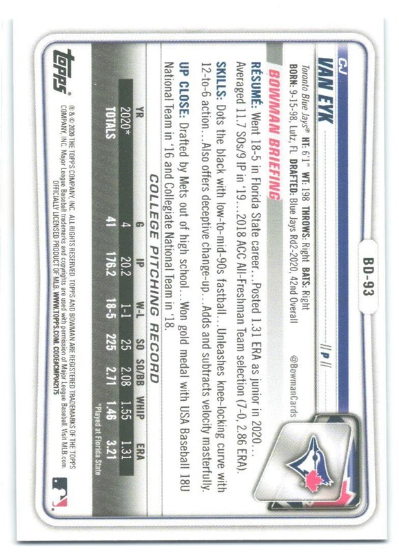 2020 Bowman Draft CJ Van Eyk #BD-93 Sky Blue SN,#330/499 gallery
