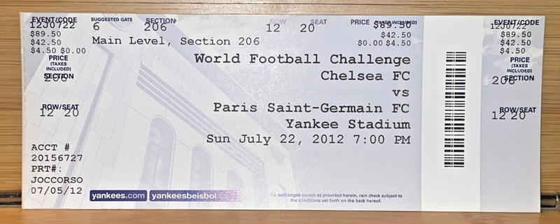 Eden Hazard Chelsea Yankee Stadium Debut Ticket Stub 7/22/2012 vs PSG