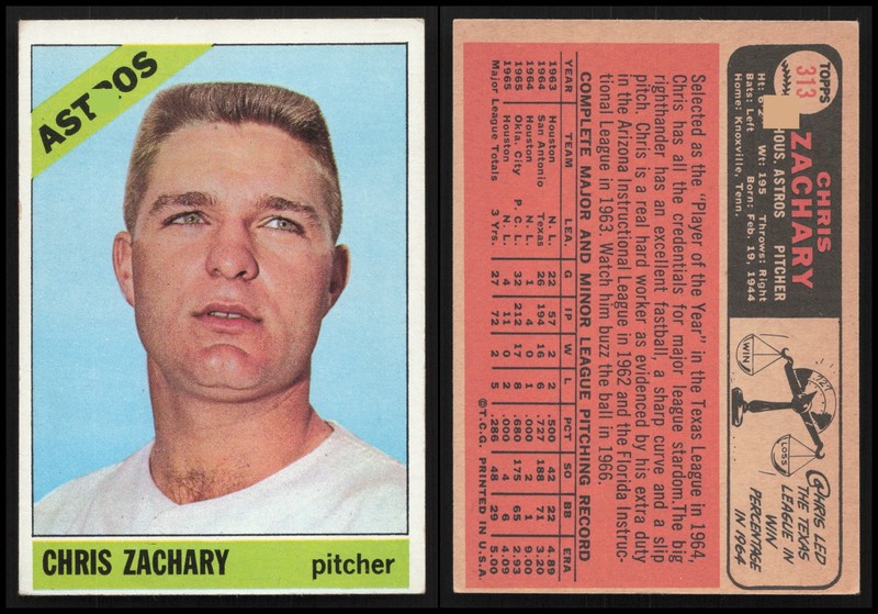 1966 Topps Chris Zachary #313 Very Good Condition