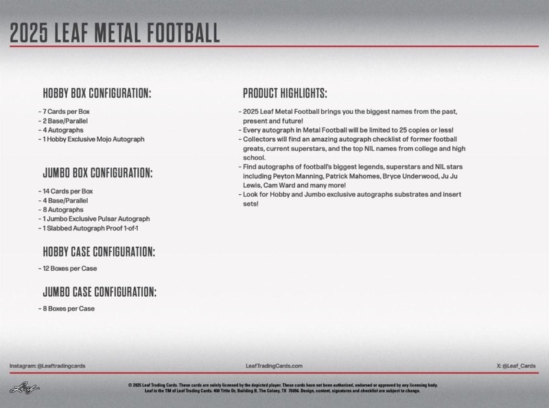 2025 LEAF METAL FOOTBALL HOBBY JUMBO BOX gallery