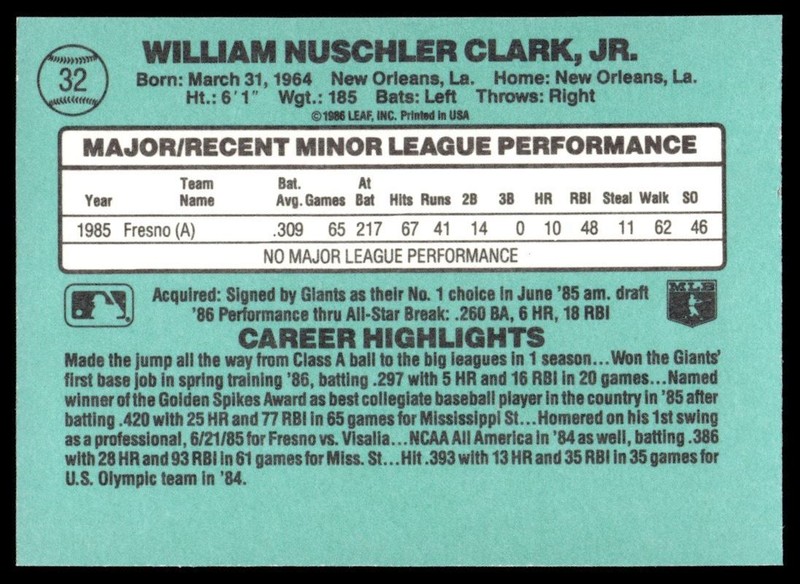 1986 Donruss The Rookies Will Clark #32 gallery
