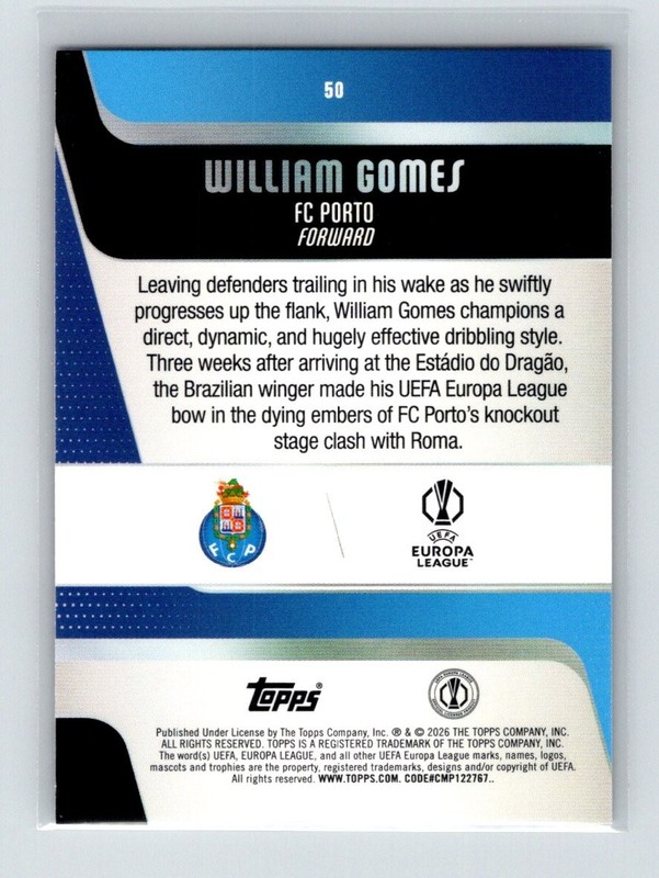 2025-26 Topps UEFA Club Competitions William Gomes Purple Sparkle /250 gallery