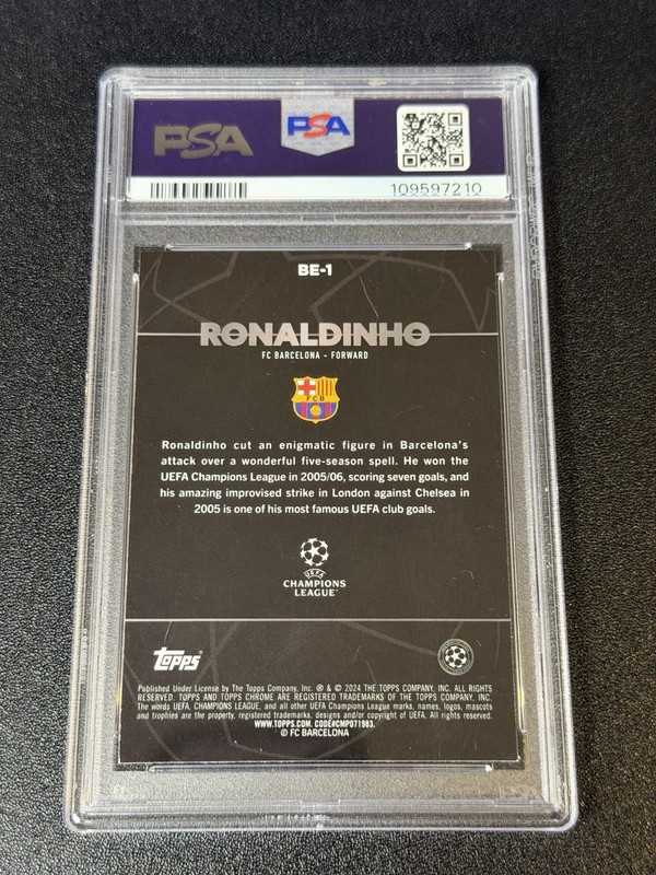 2023-24 TOPPS CHROME UEFA CLUB COMPETITIONS SHADOW ETCH #BE1 RONALDINHO PSA 8 gallery