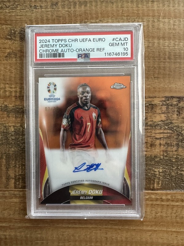 Jeremy Doku 2024 Topps Chrome UEFA Euro #CA-JD Chrome Auto Orange /25 PSA 10