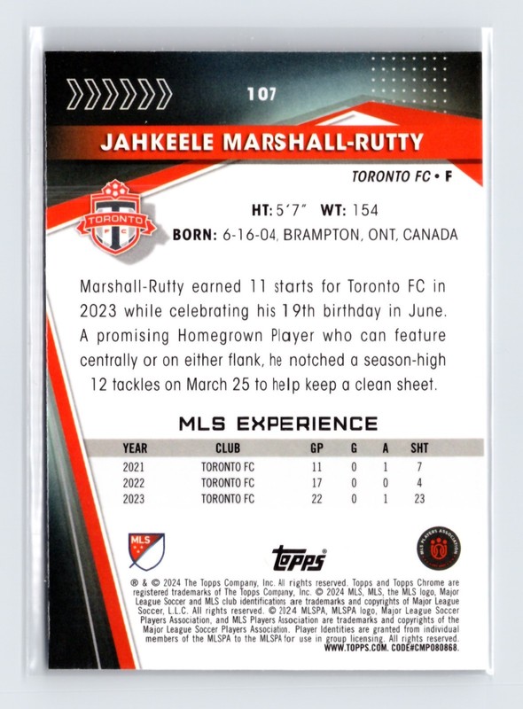 2024 Topps Chrome MLS Jahkeele Marshall-Rutty #1107 Purple /199 Toronto gallery