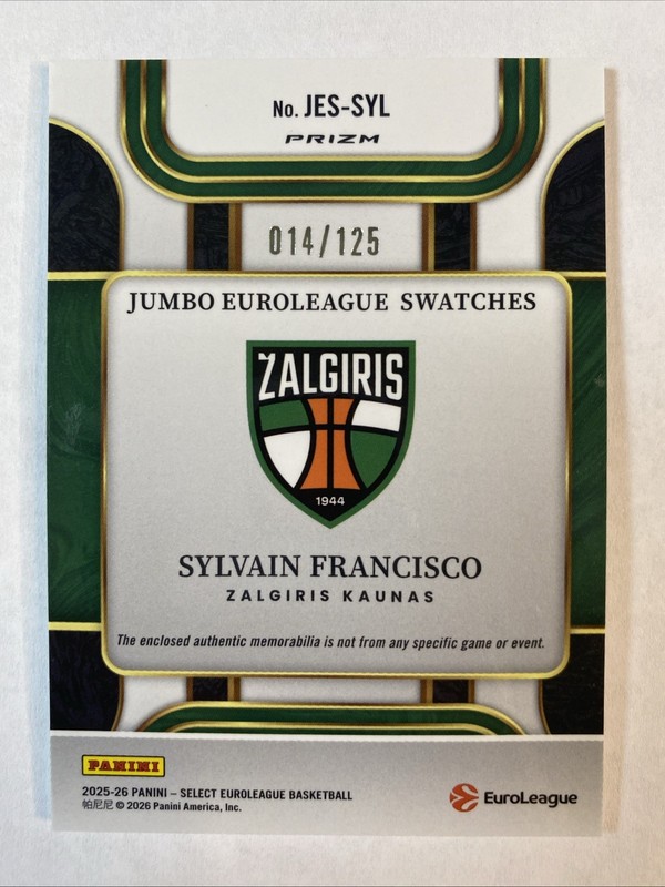 SYLVAIN FRANCISCO 2025-26 Panini Select EuroLeague Jumbo Jersey Patch /125 gallery