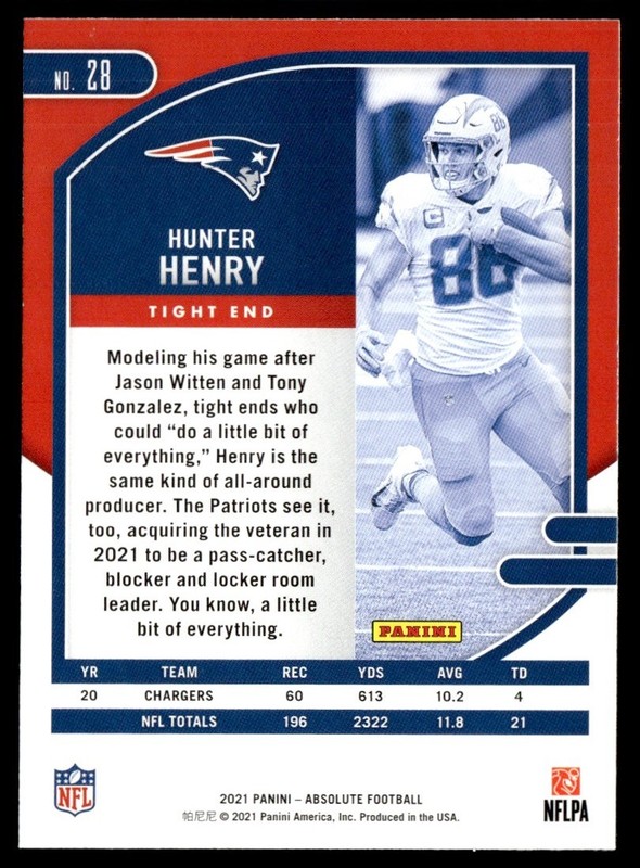 2021 Panini Absolute Hunter Henry New England Patriots #28 gallery