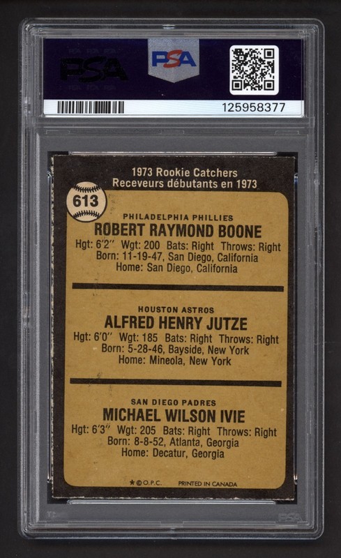 1973 OPC #613 ROOKIE CATCHERS BOB BOONE ROOKIE CARD PSA 8 NEAR MINT-MINT gallery