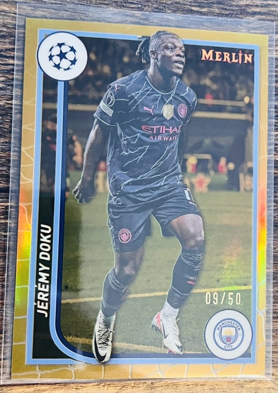 2023-24 Topps Merlin Uefa Club Competitions – Jeremy Doku #77 Gold Refractor /50