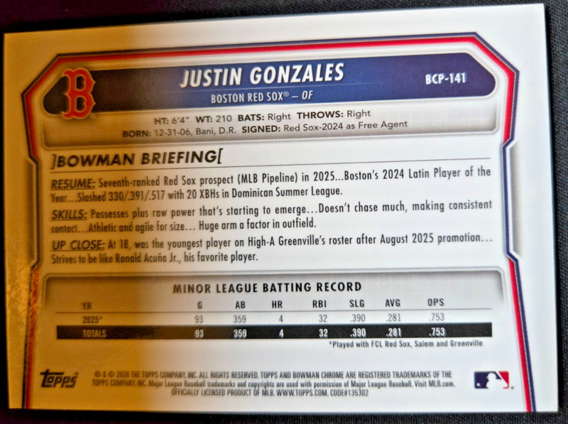 2026 Bowman Justin Gonzales 1st Bowman Chrome Reptilian Refractor #BCP-141 gallery