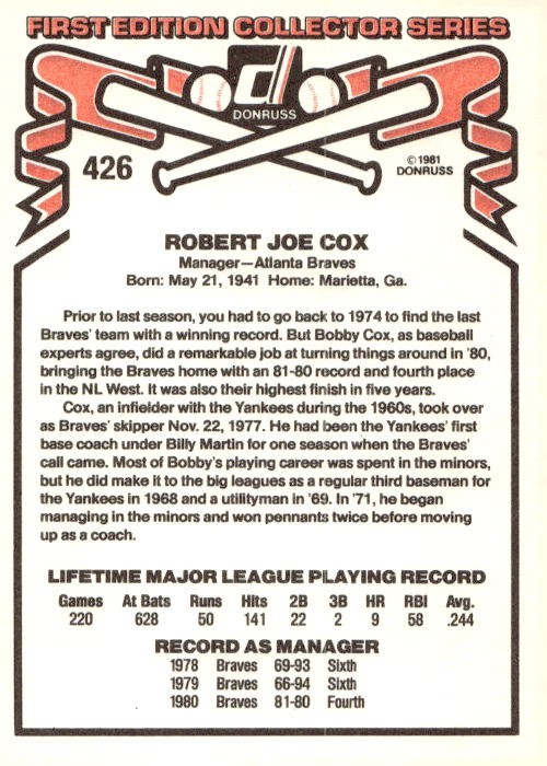 Bobby Cox 1981 Donruss Baseball - #426 - Atlanta Braves gallery