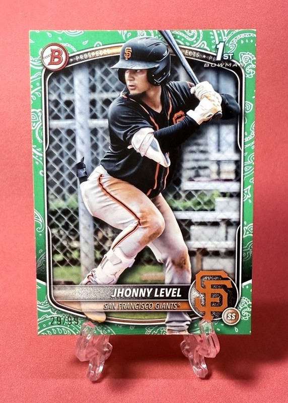 2025 1st Bowman Jhonny Level Prospect #BP-147 Green Pattern /99 Paper Giants