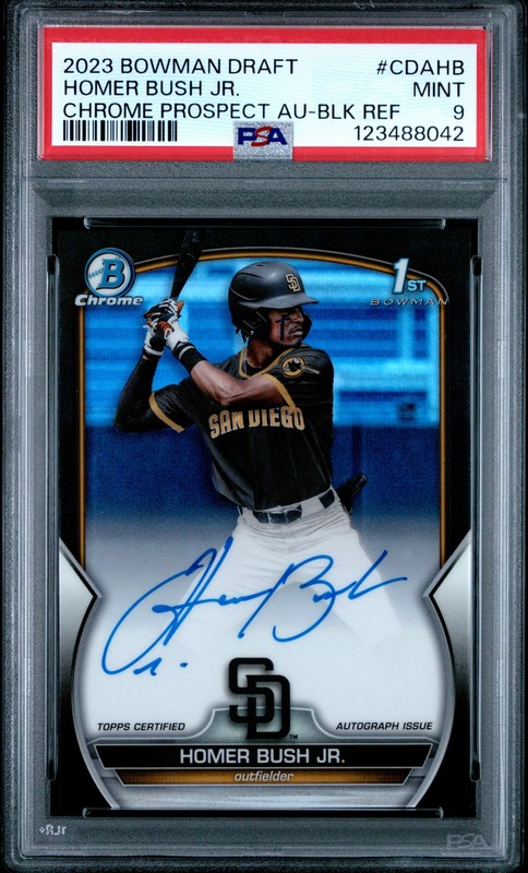 2023 BOWMAN DRAFT CHROME PRSPCT AUTO BLACK REFRACTOR HOMER BUSH JR. 40/75 PSA 9