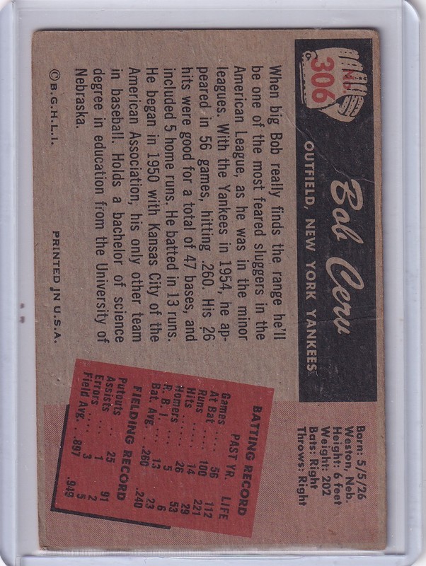 1955 Bowman Baseball #306 Bob Cerv - New York Yankees gallery