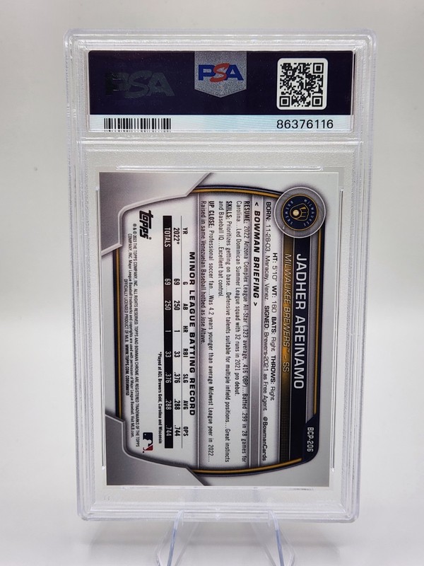 2023 BOWMAN CHROME 1ST YELLOW SAPPHIRE JADHER AREINAMO /50 PSA 10 RC GEM MINT MT gallery