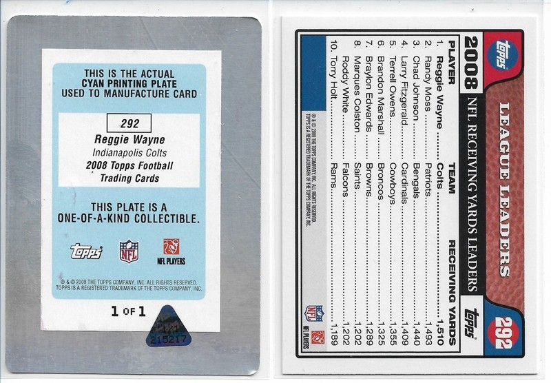 2008 Topps #292 Reggie Wayne Indianapolis Colts 1/1 Cyan Printing Plate W/ Card gallery