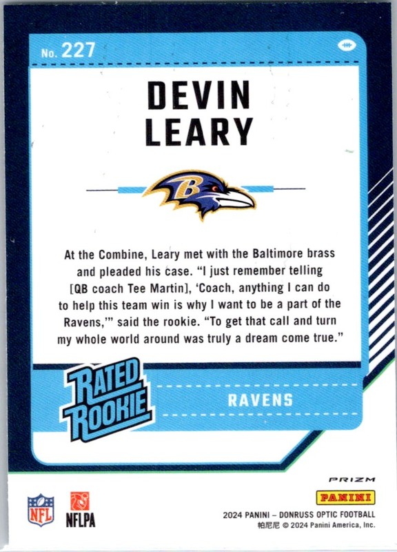 2024 Donruss Optic Green Velocity #227 Devin Leary Rookie Baltimore Ravens gallery