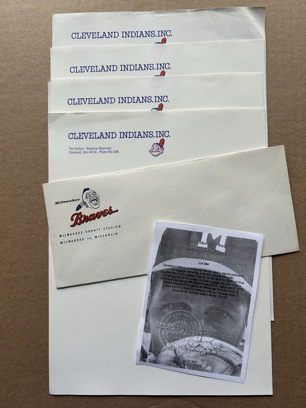 Milwaukee Brave Warren Spahn’s 5 Cleveland Indian Sheets of Stationary.&Envelope