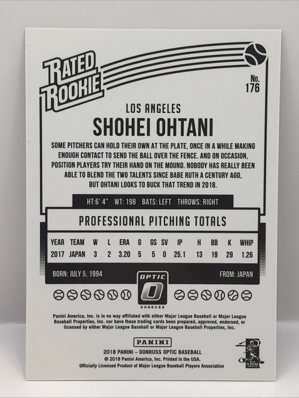 2018 Panini Donruss Optic Rated Rookie Variation Shohei Ohtani #176 Pitching SP gallery