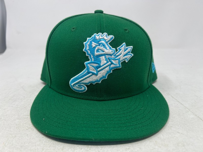 New Era 59FIFTY Norfolk Tides MiLB Fitted Baseball Hat Green 7 3/8 Blue Seahorse